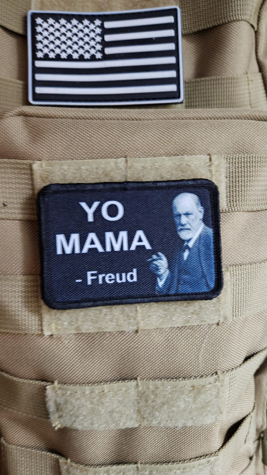 Freud you mama meme 2"x3" removable morale patch with hook and loop backing black and white