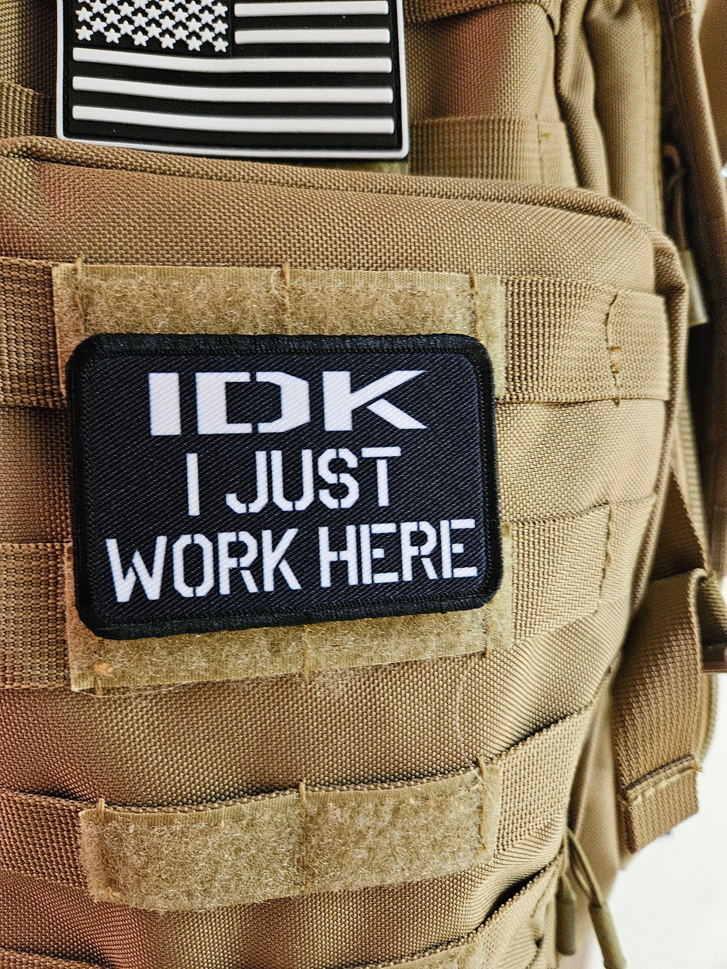 Idk I just work here funny meme edc black  2"x3" morale patch with hook and loop backing military joke meme