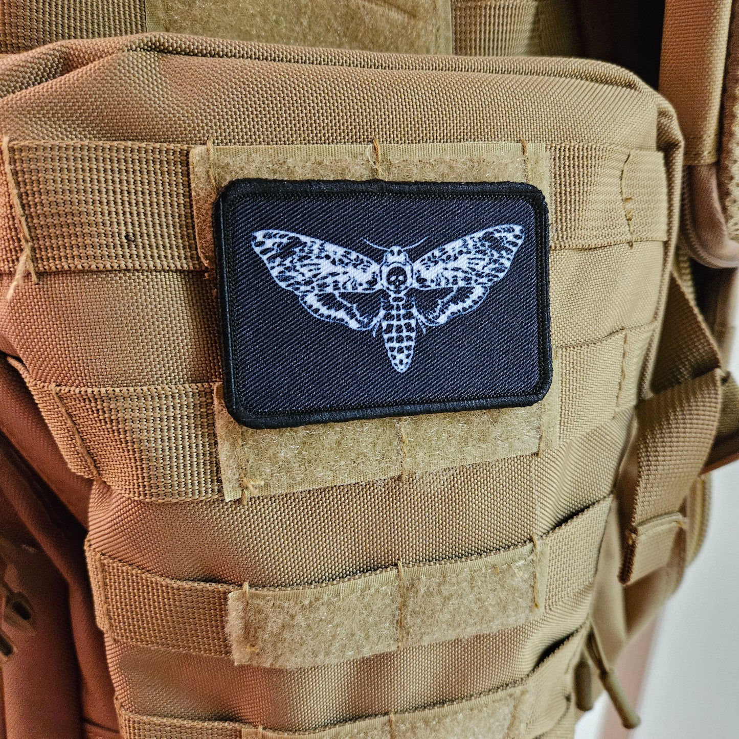 Death's head moth goth black background funny  2"x3" morale patch with hook and loop backing