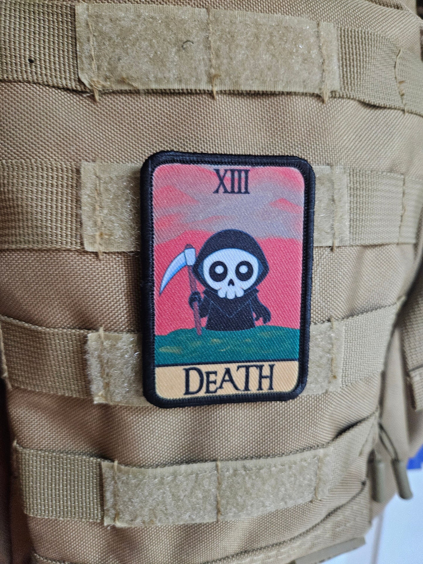 Cute chibi death tarot card funny 2"x3" removable morale patch with hook and loop backing