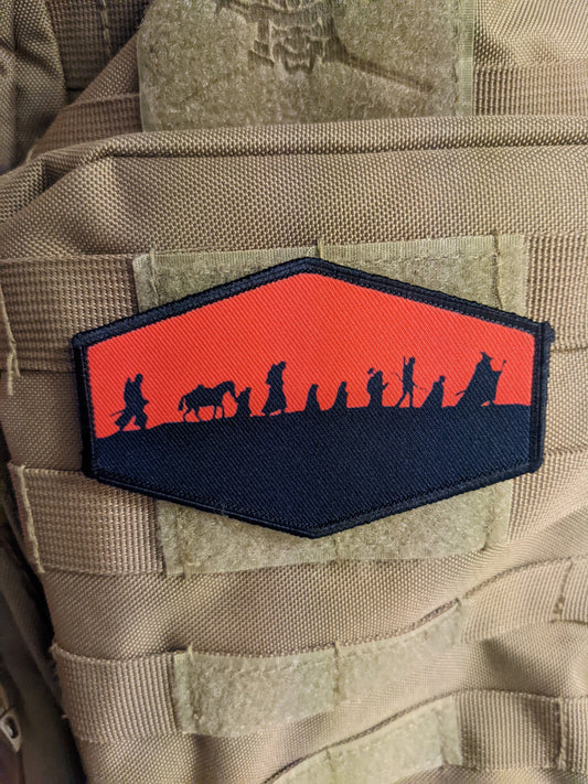 Lotr fellowship silhouette fantasy red 4"x2.5" hexagon morale patch with hook and loop backing