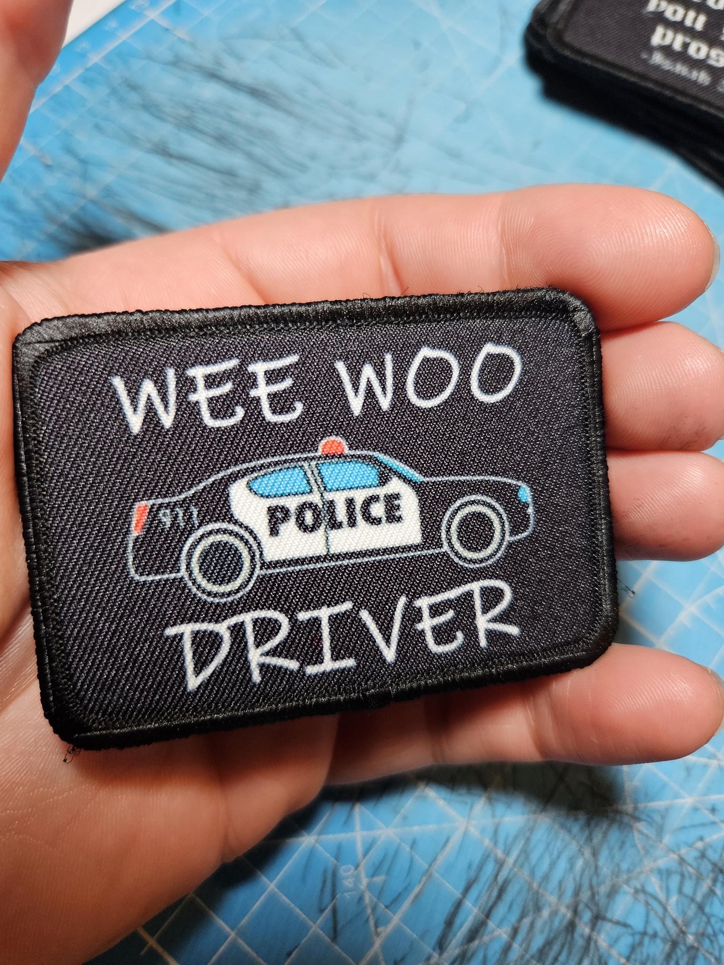 Wee woo driver police car driver funny 2"x3" removable morale patch with hook and loop backing