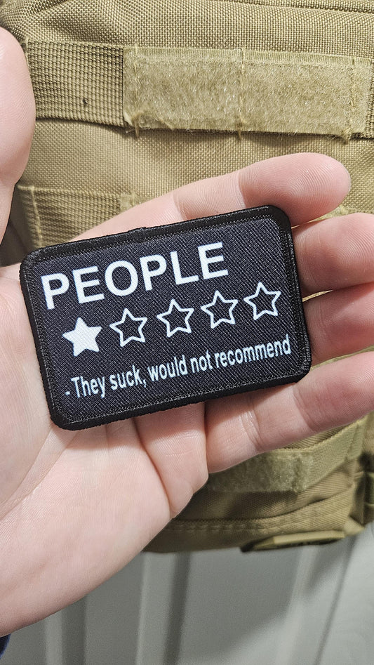People one stare review meme 2"x3" morale patch with hook and loop backing