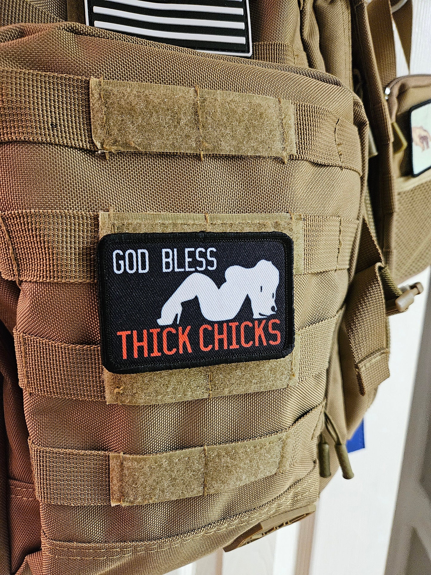 God bless thick chicks meme 2"x3" removable morale patch with hook and loop backing