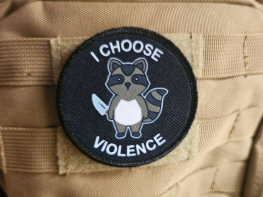 Cute raccoon I choose violence meme 3" circle removable morale patch with hook and loop backing