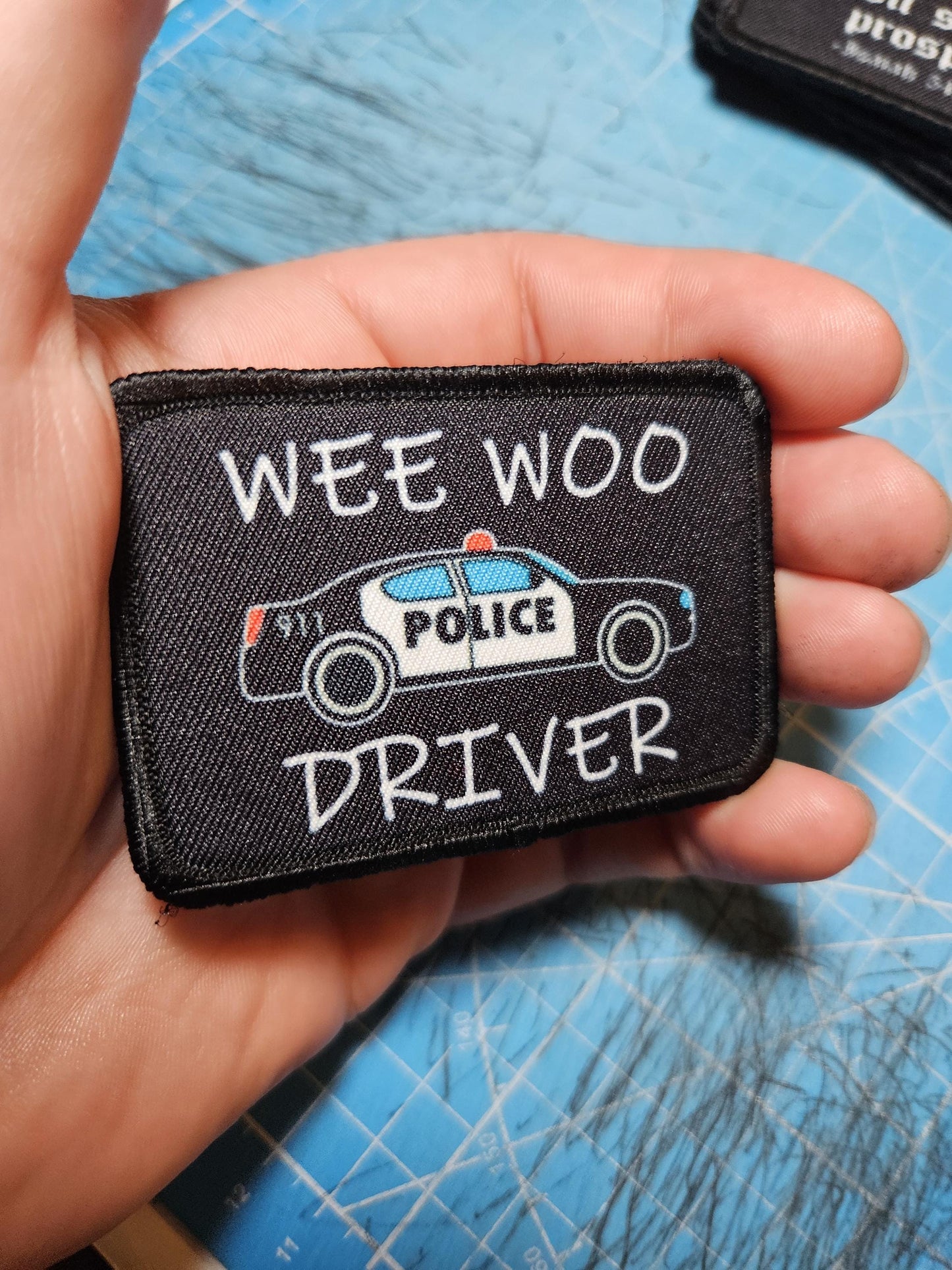 Wee woo driver police car driver funny 2"x3" removable morale patch with hook and loop backing