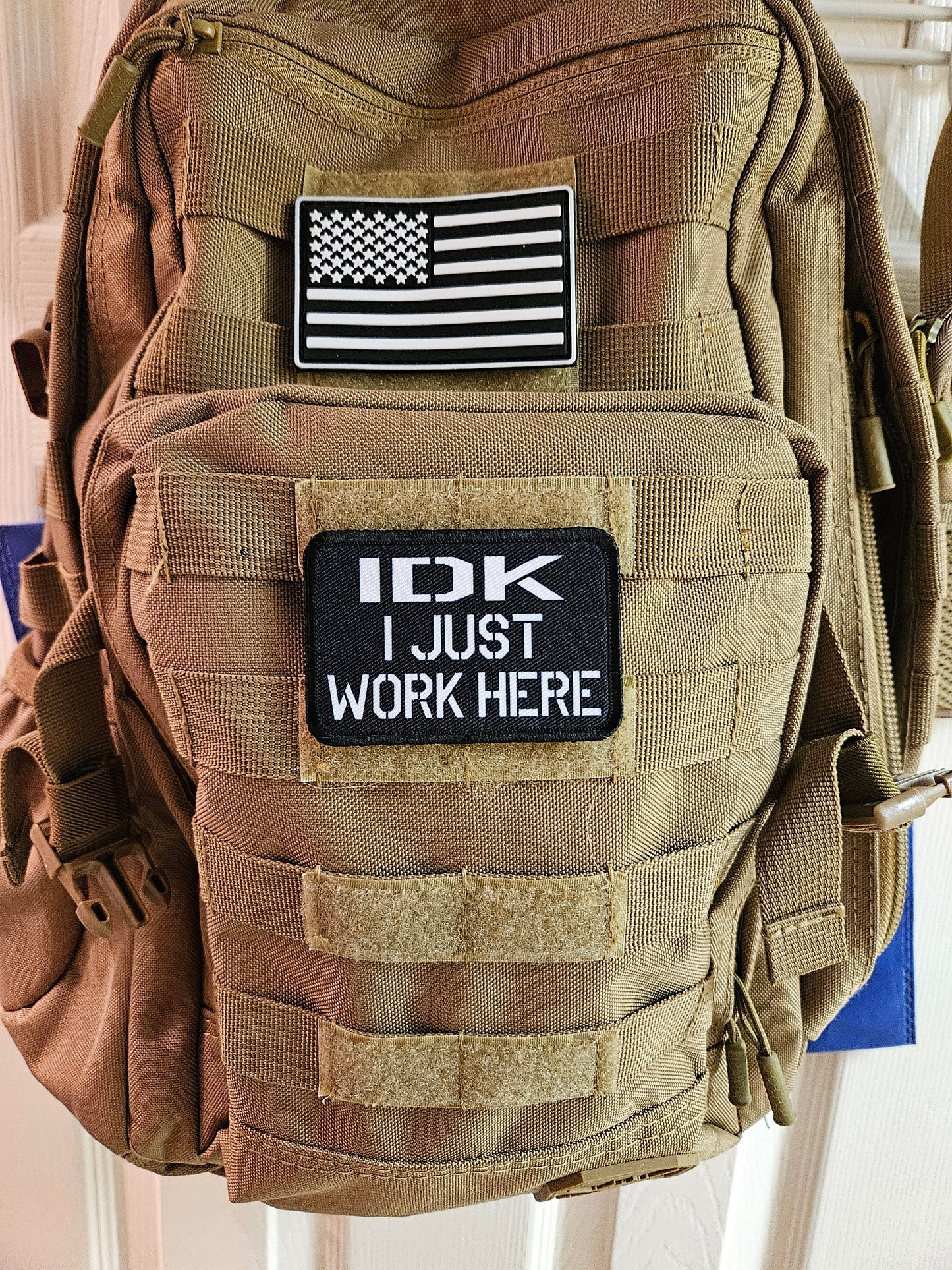 Idk I just work here funny meme edc black  2"x3" morale patch with hook and loop backing military joke meme