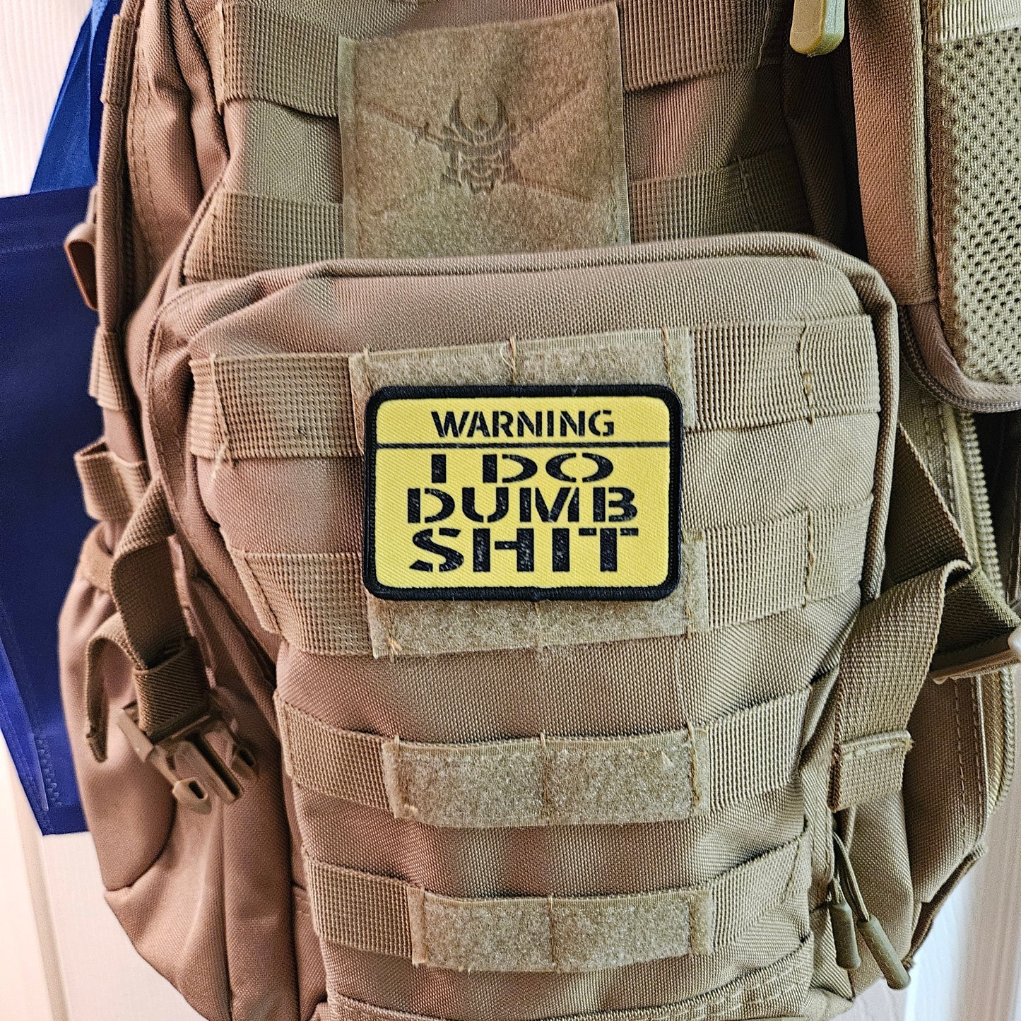Warning I do dumb shit meme 2"x3" morale patch with hook and loop backing