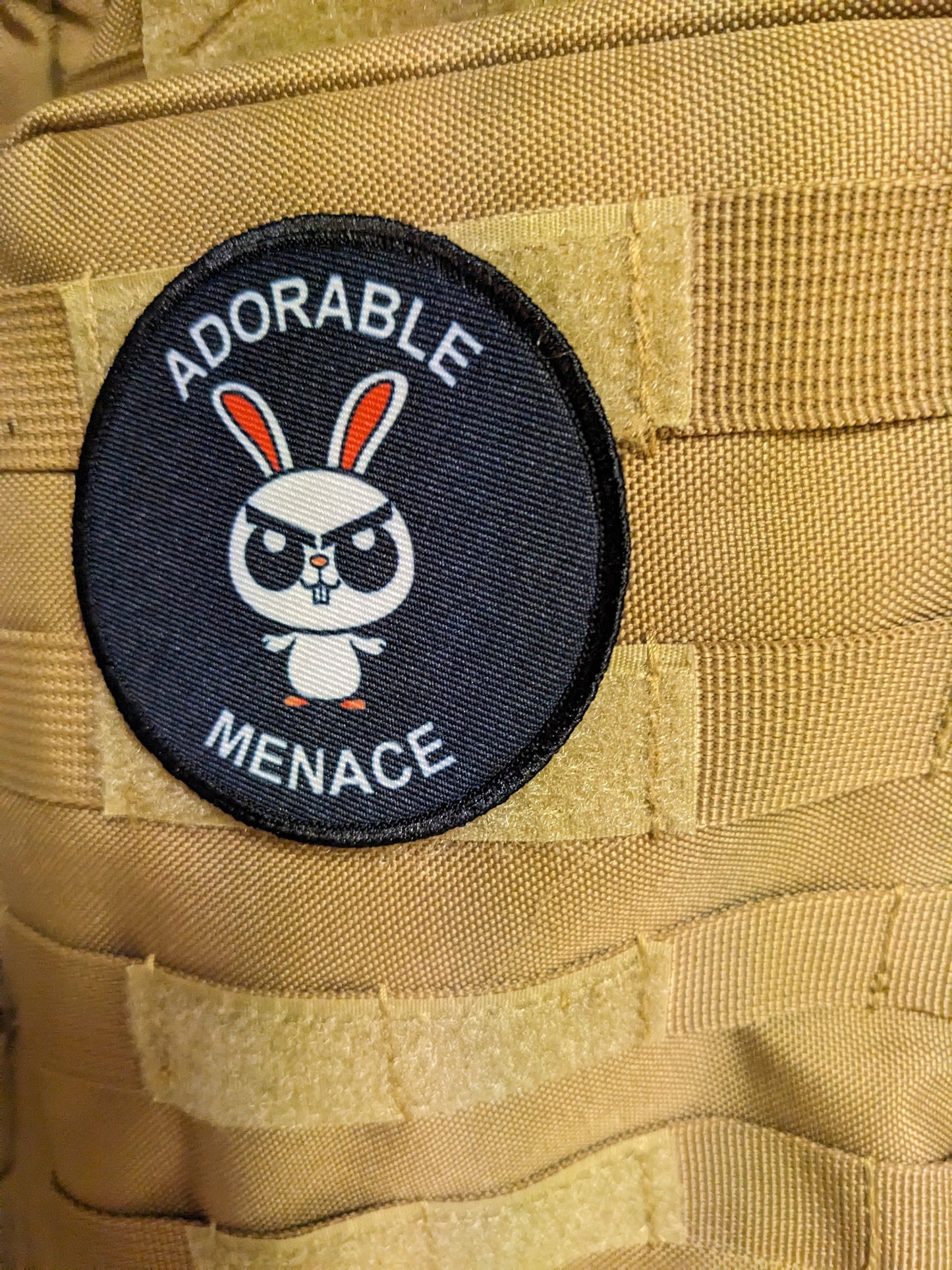 Cute bunny rabbit  adorable menace meme 3" circle removable morale patch with hook and loop backing toddler