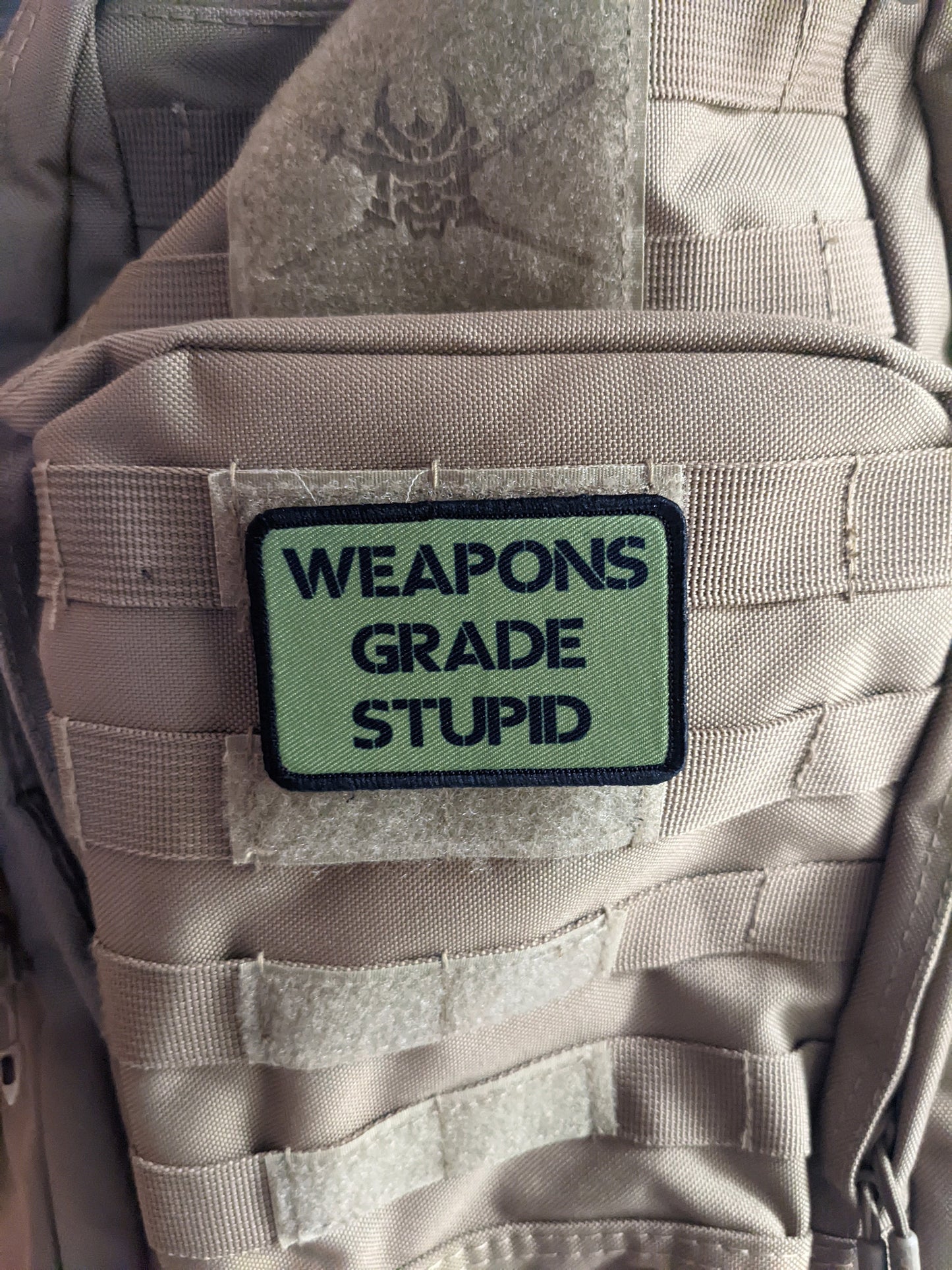 Weapons grade stupid army military navy funny 2"x3" morale patch with hook and loop backing green background