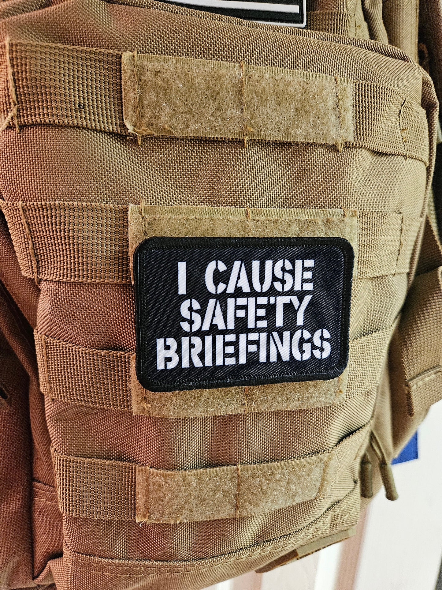 I cause safety briefings funny meme edc black  2"x3" morale patch with hook and loop backing military joke meme