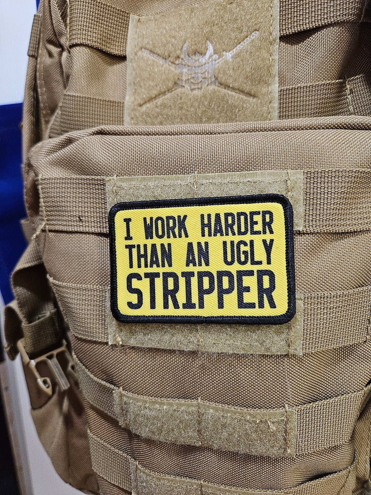 I work harder than an ugly stripper 2"x3"  removable morale patch with hook and loop backing
