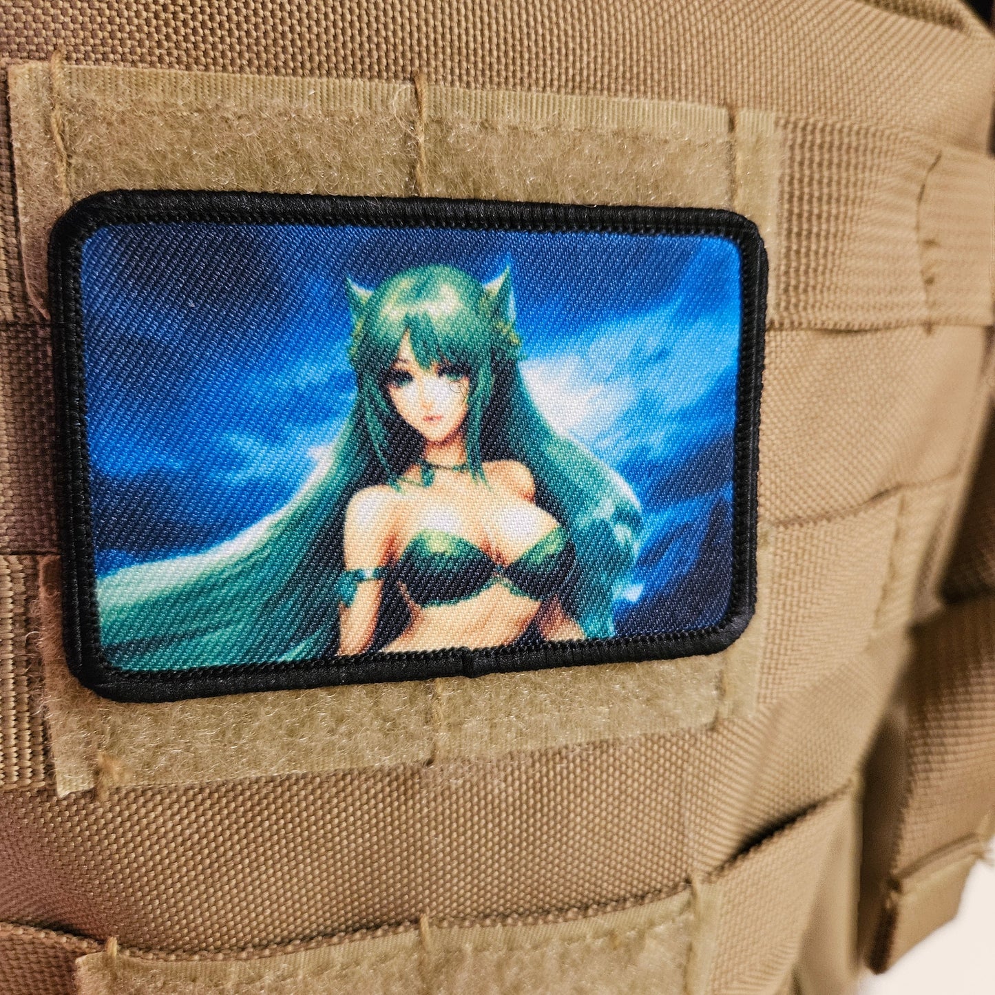 Green hair waifu Sexy Anime girl cleavage bikini 2"x3"  removable morale patch with hook and loop backing