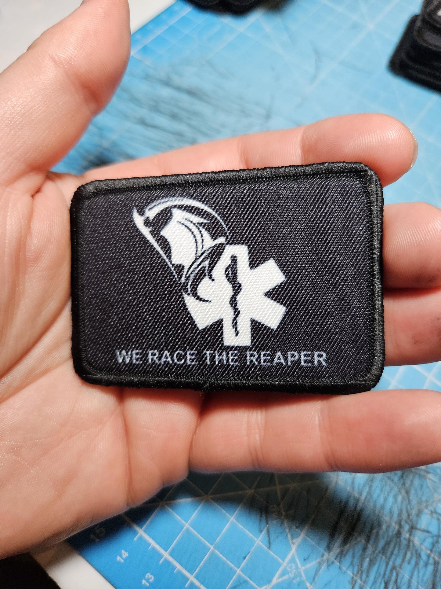 First responder Race the Reaper 2"x3" morale patch with hook and loop backing
