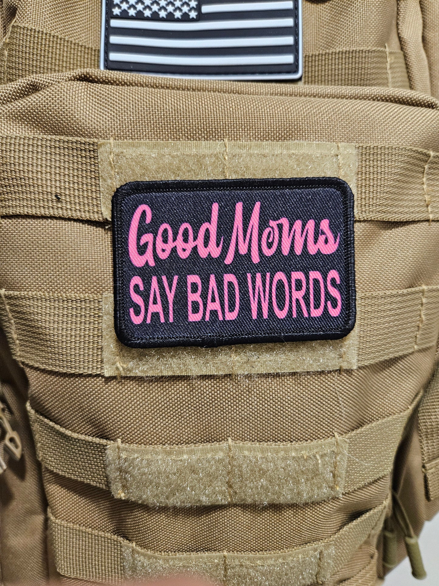 Good moms say bad words meme 2"x3" removable morale patch with hook and loop backing