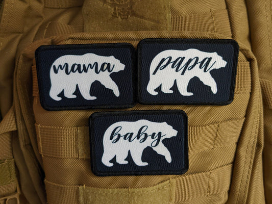 Mama bear Papa bear baby bear family combo 2"x3" white morale patch with hook and loop backing