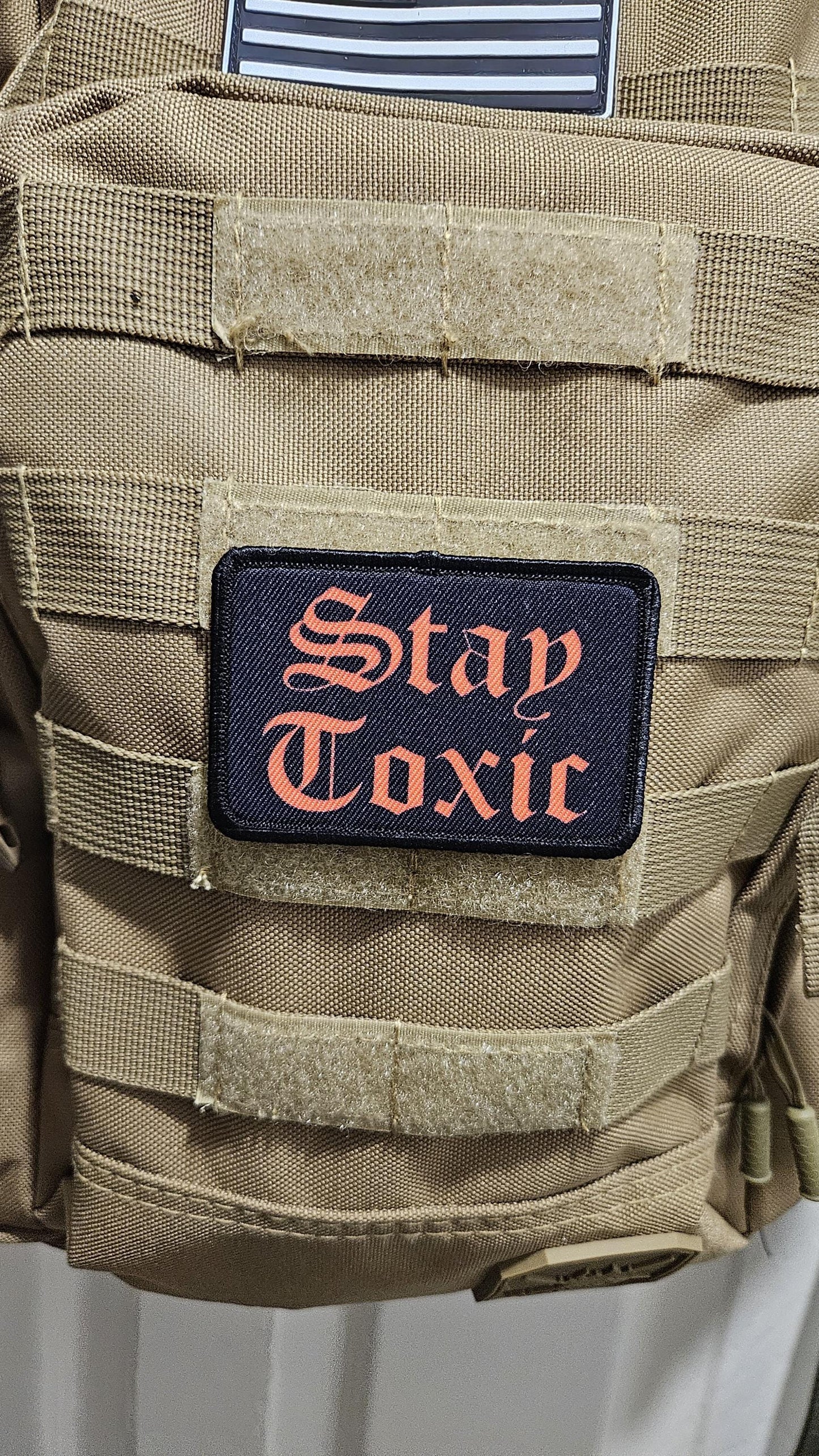 Stay toxic meme  red on black 2"x3" removable morale patch with hook and loop backing