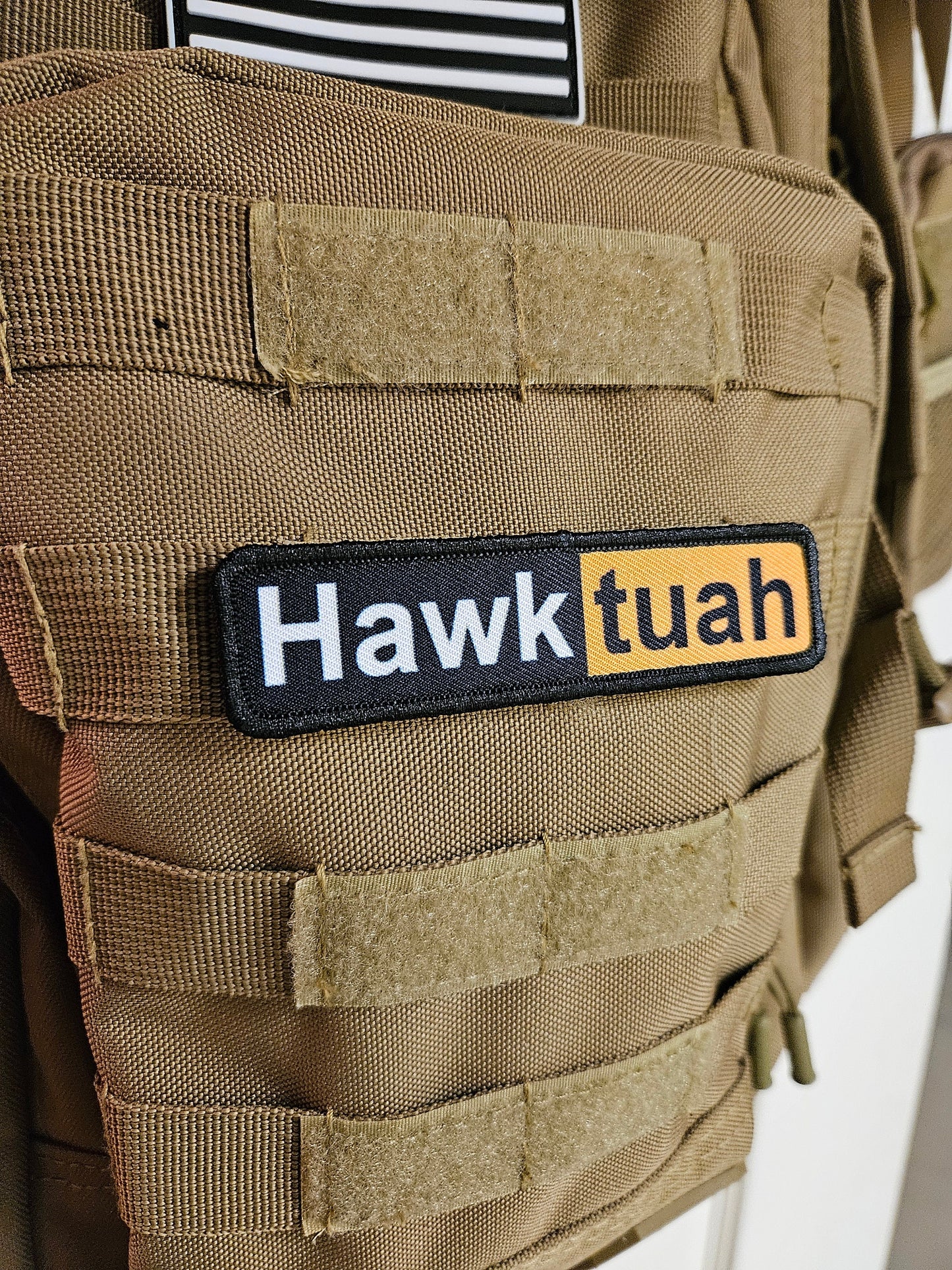 Hawk tuah spicy 1"x4" removable morale patch with hook and loop backing good for back of operator hats