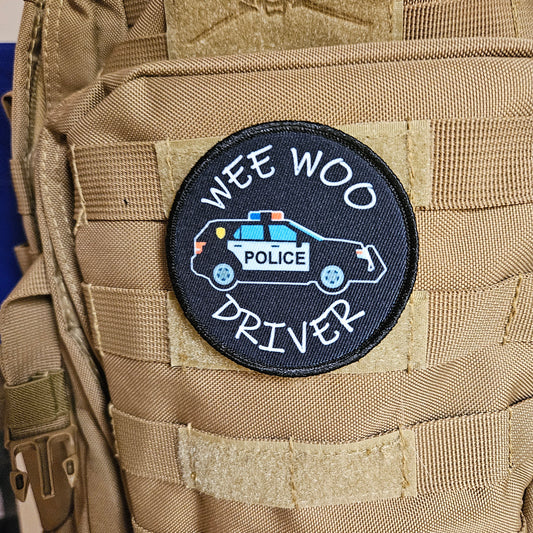 Wee woo driver police SUV driver funny 3" circle removable morale patch with hook and loop backing