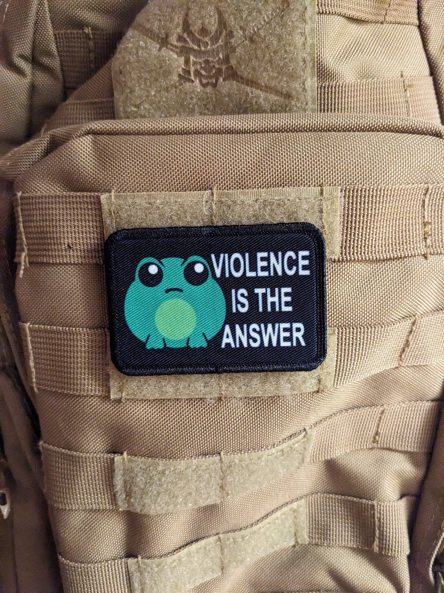 Cute frog violence is the answer meme 2"x3" morale patch with hook and loop backing