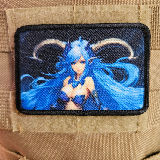 Blue haired succubus waifu Sexy Anime girl cleavage bikini 2"x3"  removable morale patch with hook and loop backing