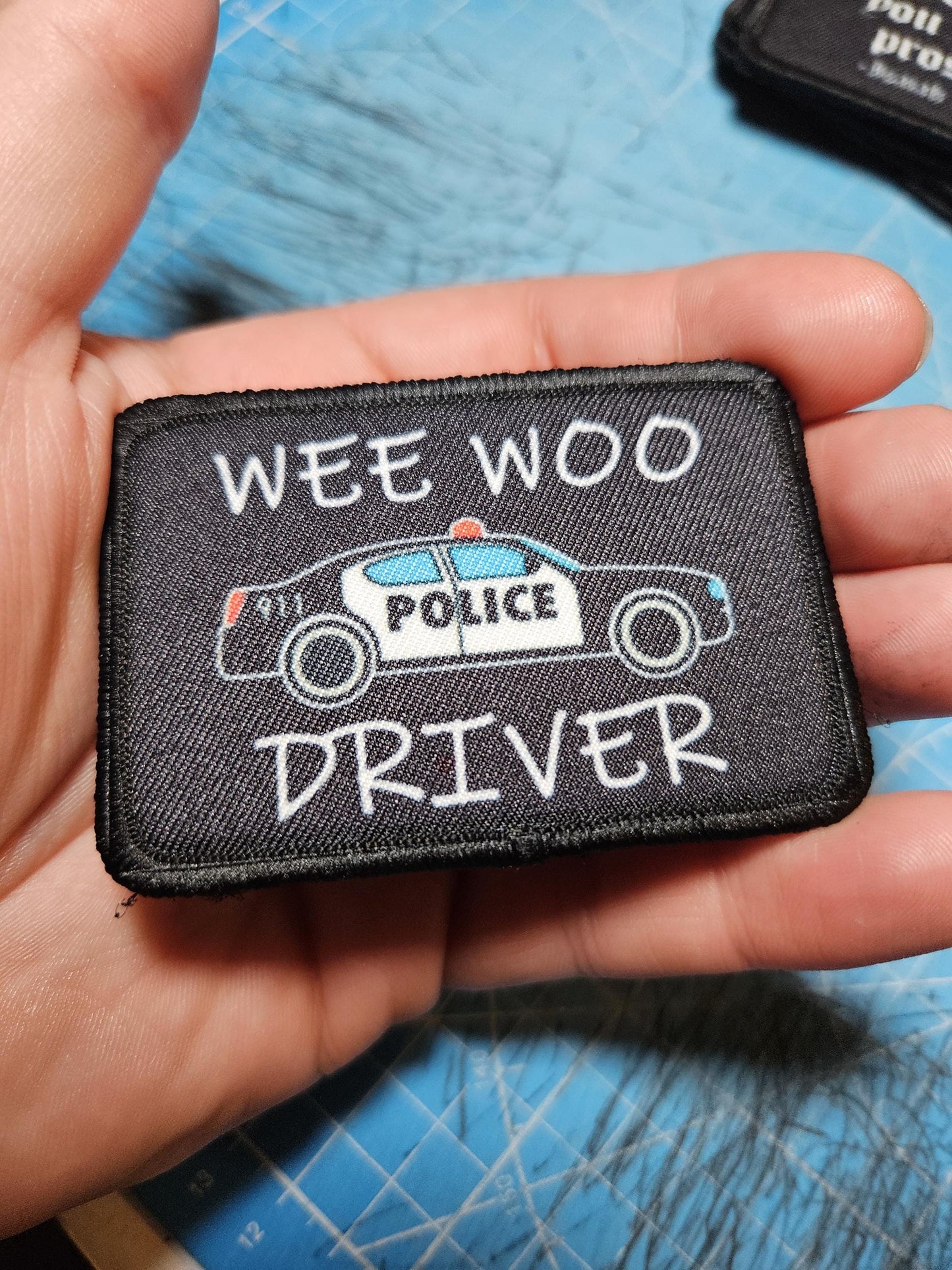 Wee woo driver police car driver funny 2"x3" removable morale patch with hook and loop backing