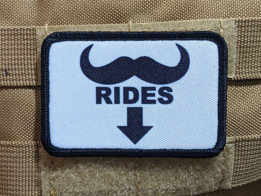 Mustache rides meme joke funny removable patch 2"x3" morale patch with hook and loop backing