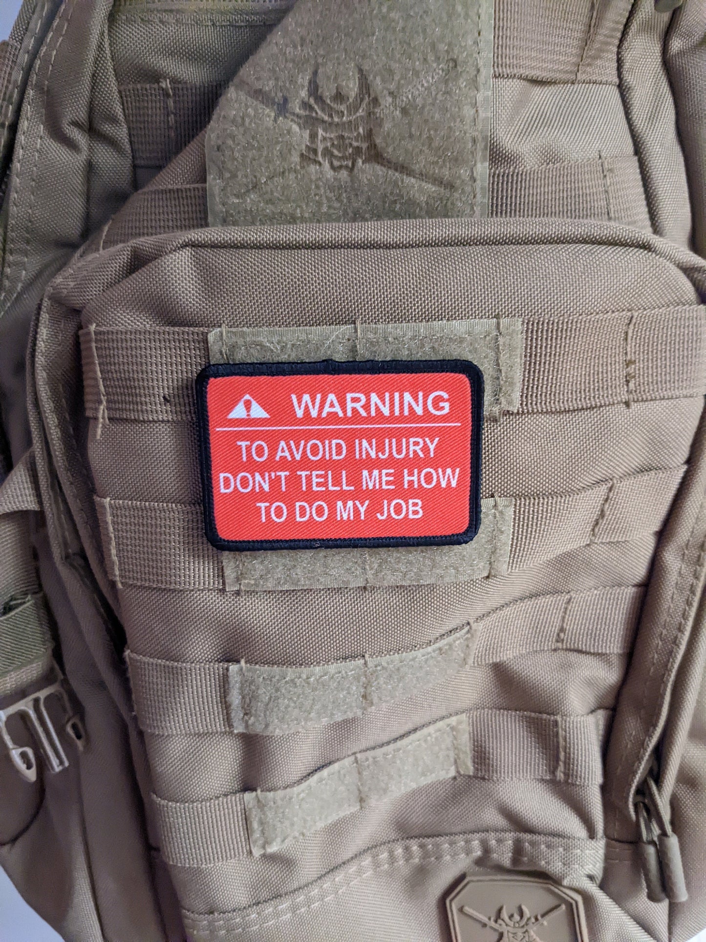 Warning to avoid injury don't tell me how to do my job meme RED 2"x3" morale patch with hook and loop backing