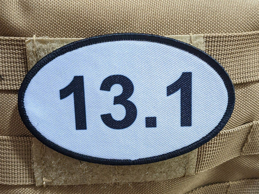 13.1 half marathon running celebration  4"x2.5" oval morale patch with hook and loop backing