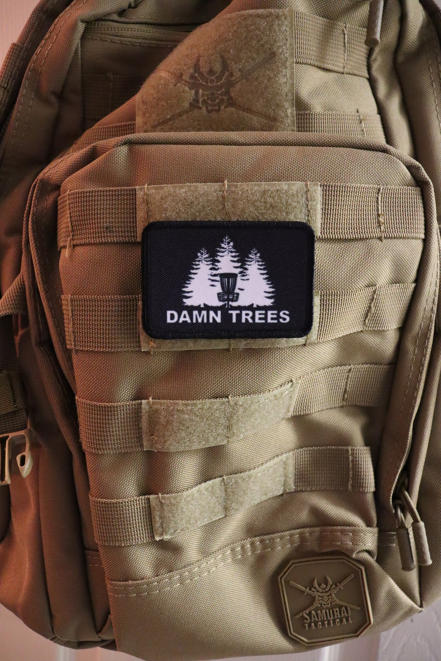 damn trees Disc Golfer funny meme 2"x3" morale patch with hook and loop backing