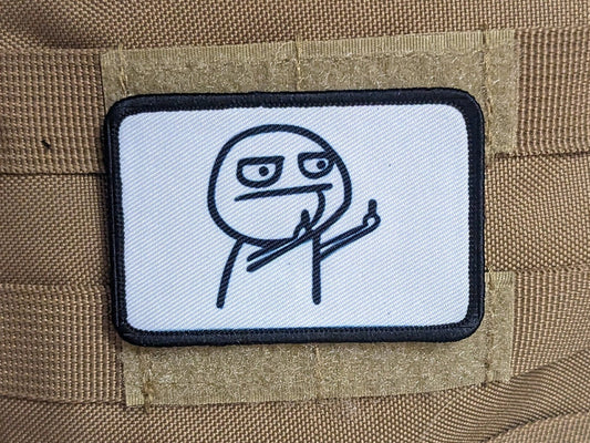 Double middle finger guy meme  white background 2"x3" morale patch with hook and loop backing