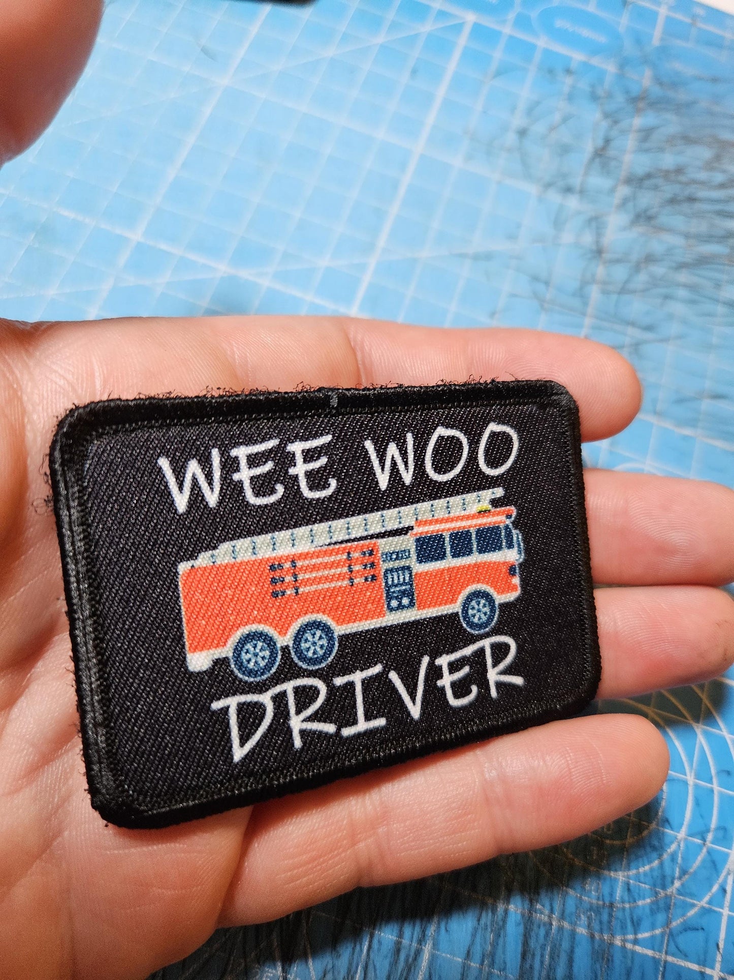 Wee woo driver fire engine firefighter EMT driver funny 2"x3" removable morale patch with hook and loop backing