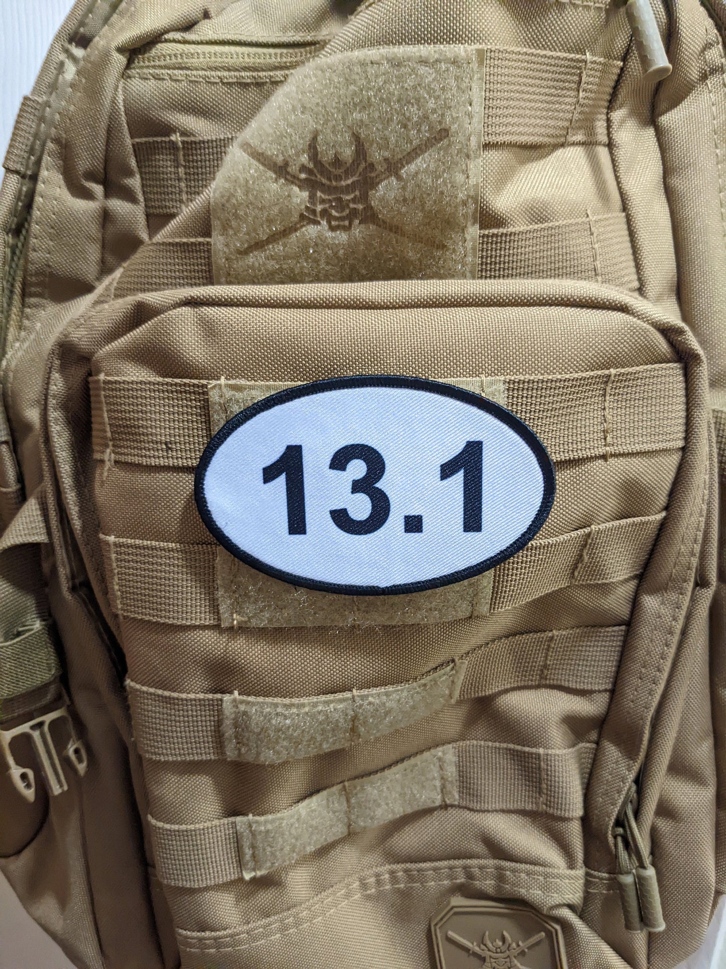 13.1 half marathon running celebration  4"x2.5" oval morale patch with hook and loop backing