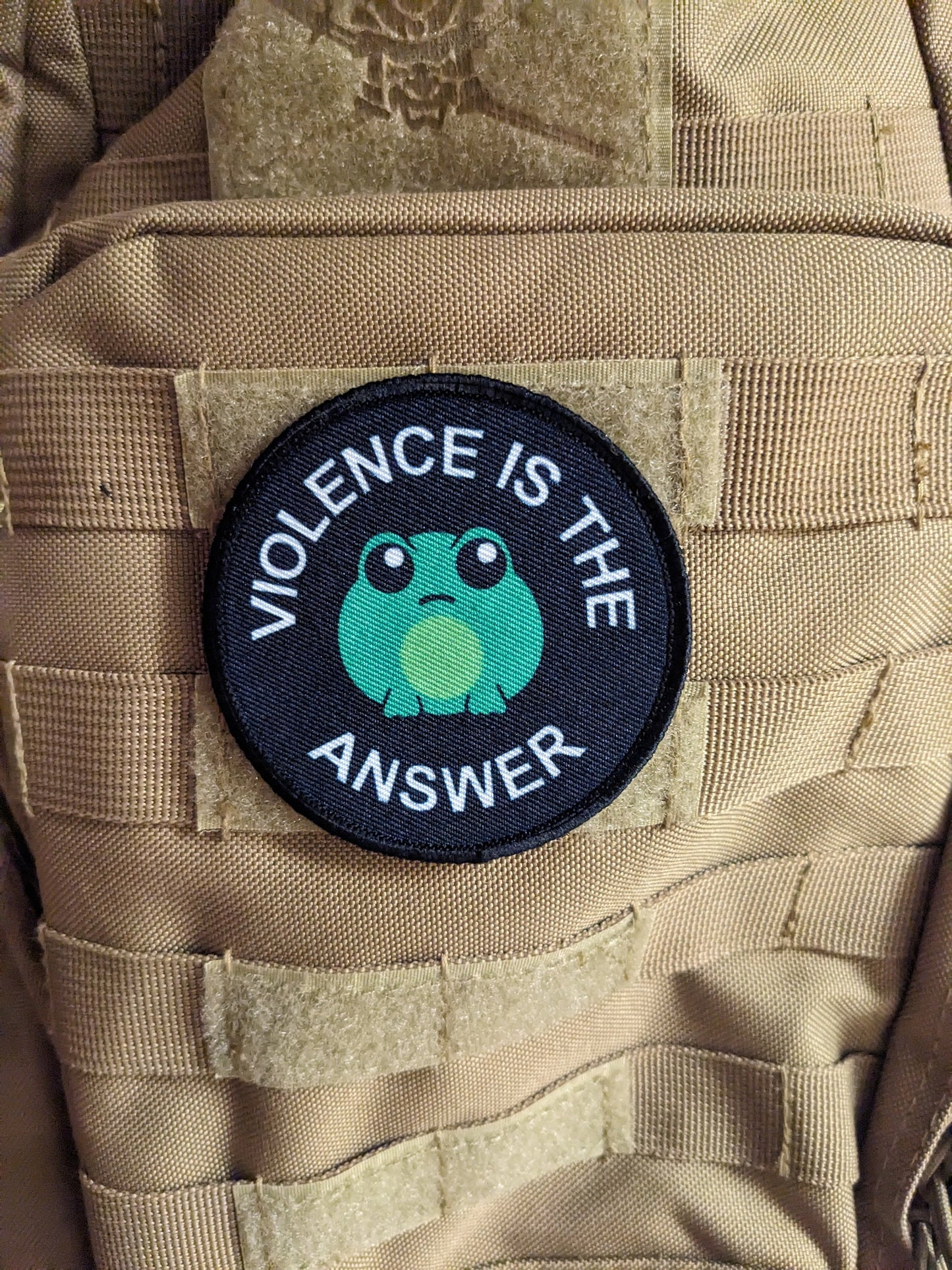 Cute frog violence is the answer 3" circle removable morale patch with hook and loop backing