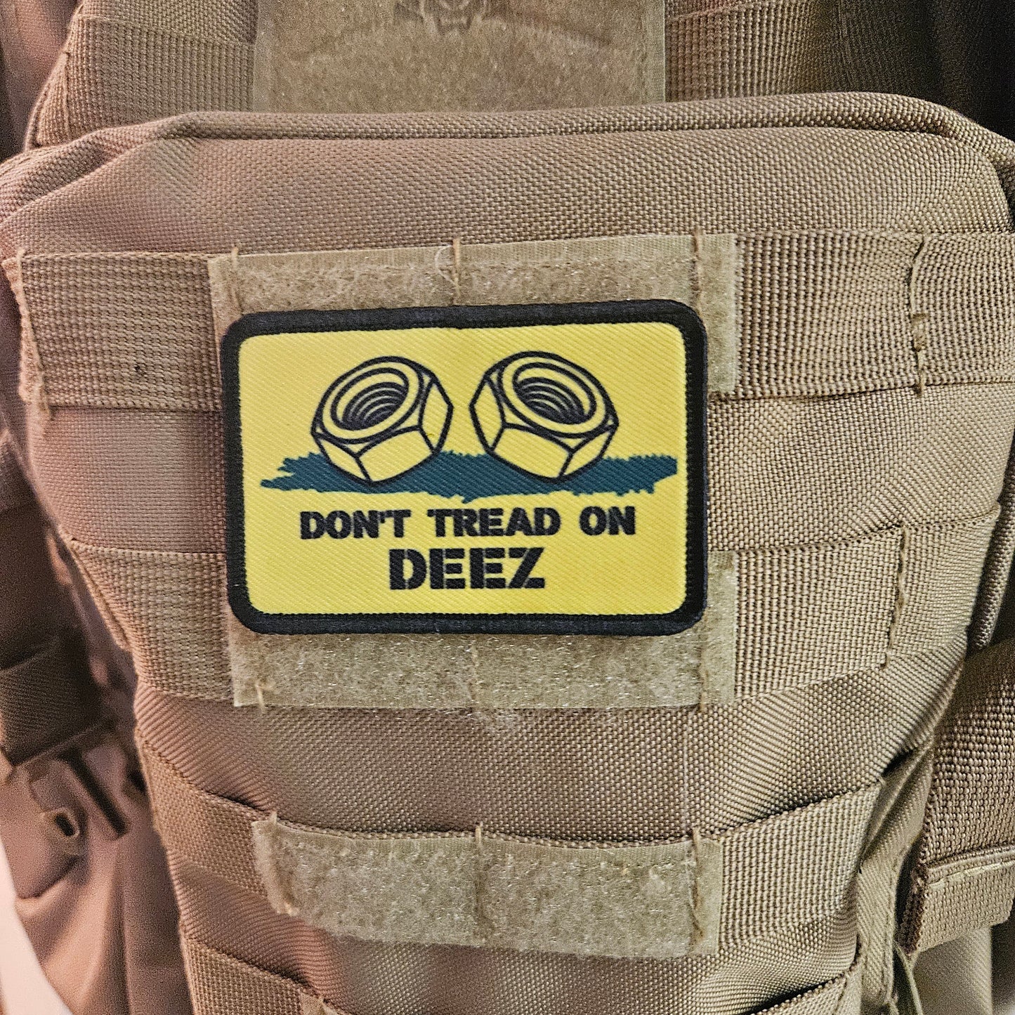 Don't tread on deez nuts and bolts Gadsden flag meme  2"x3" removable morale patch with hook and loop backing