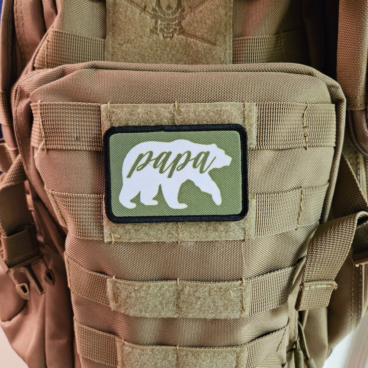 Green Papa Bear boy dad girl dad 2"x3" white morale patch with hook and loop backing
