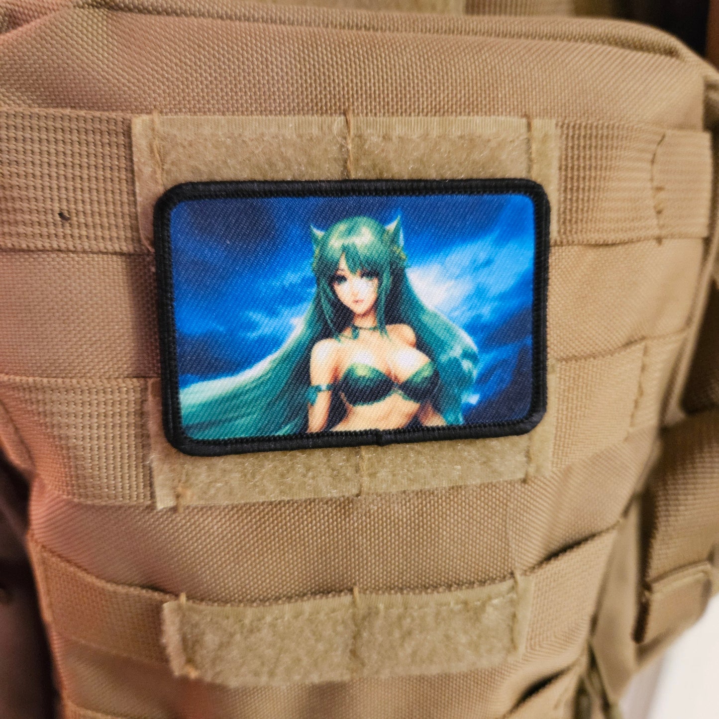 Green hair waifu Sexy Anime girl cleavage bikini 2"x3"  removable morale patch with hook and loop backing