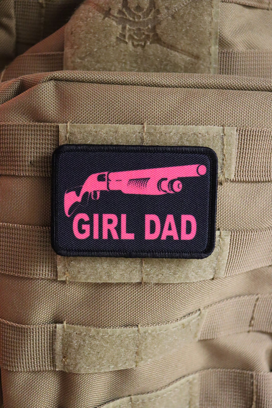 Girl Dad shotgun funny parenting joke 2"x3" white morale patch with hook and loop backing