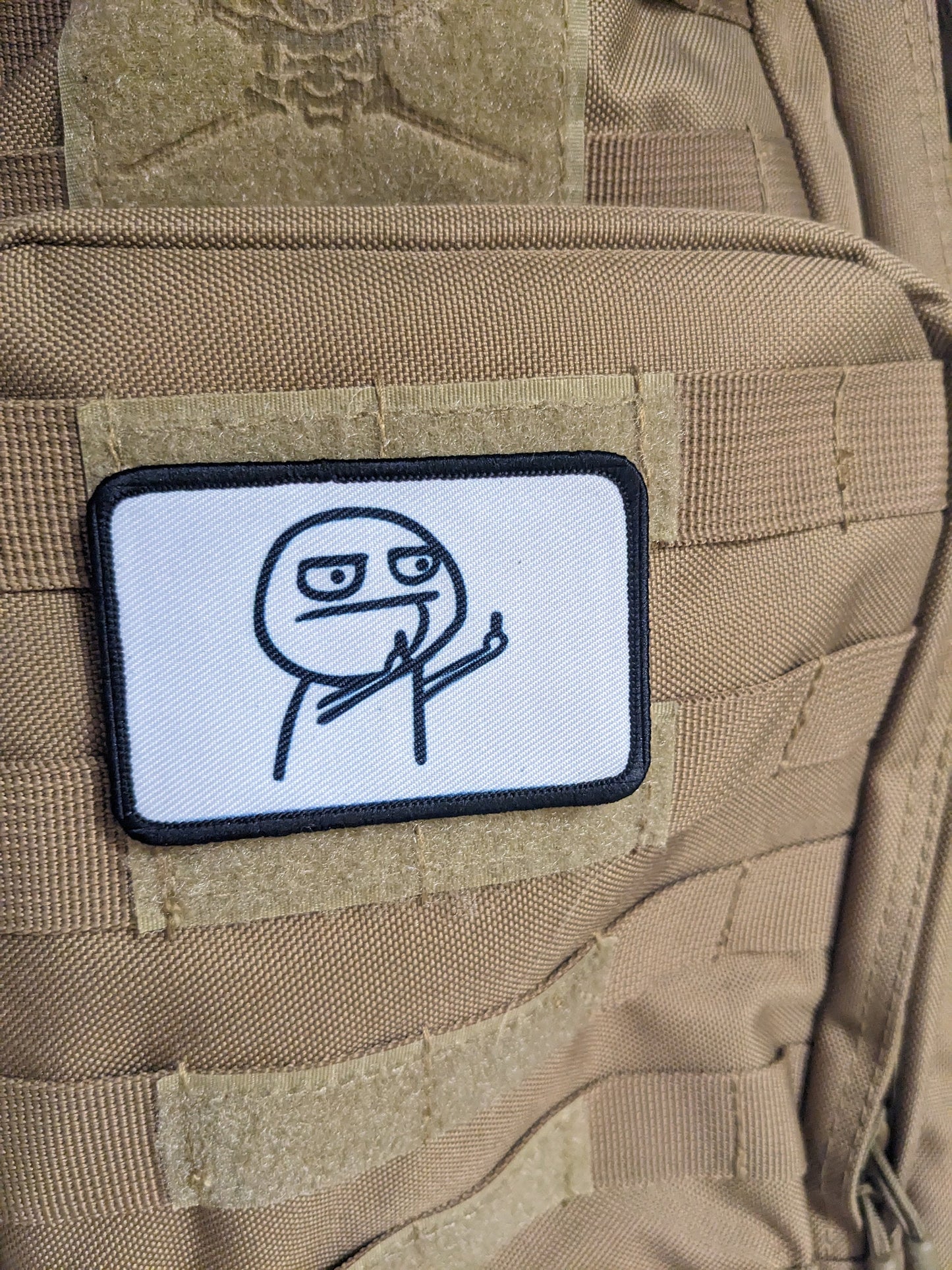 Double middle finger guy meme  white background 2"x3" morale patch with hook and loop backing
