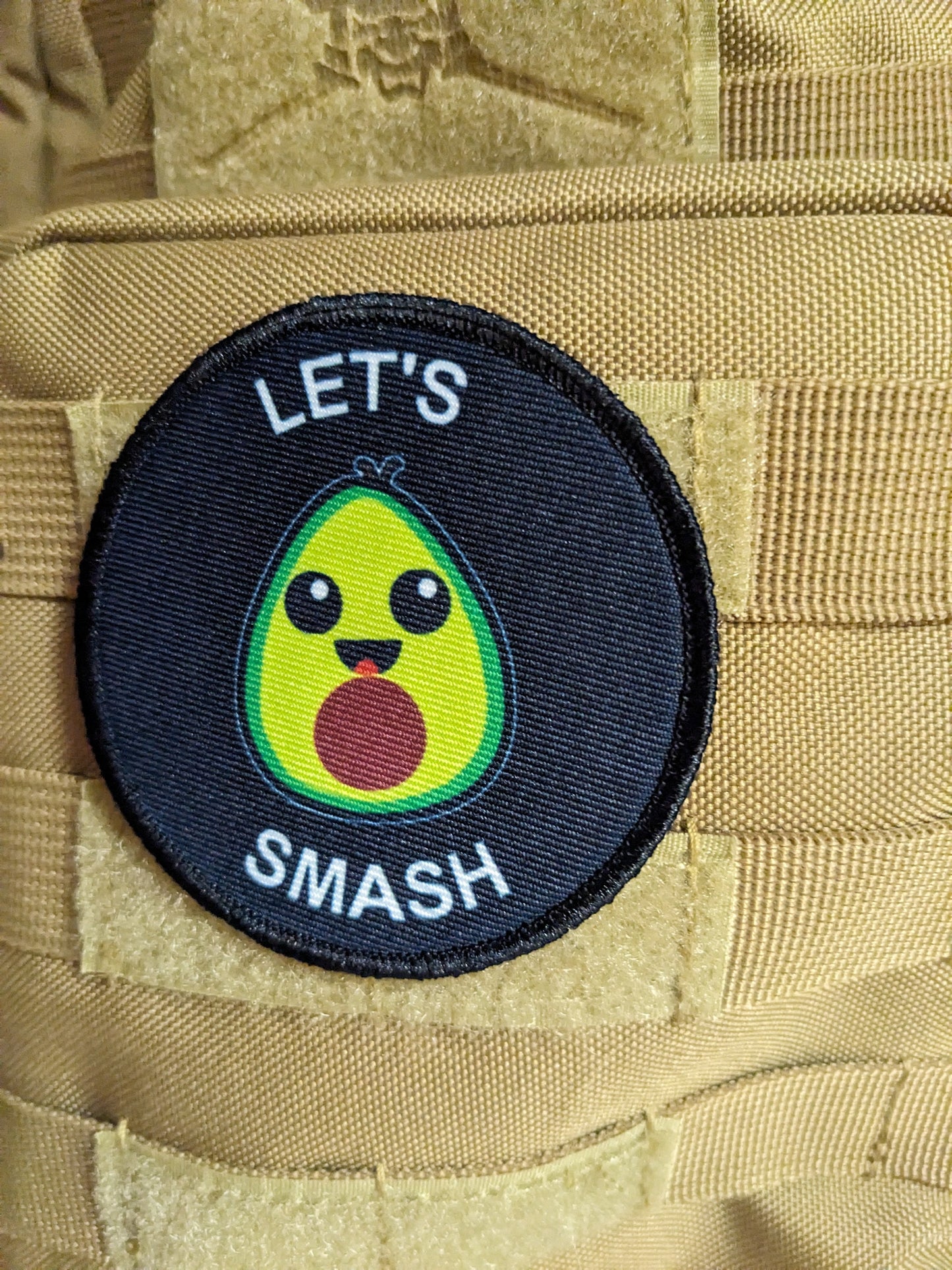 Cute avocado guacamole let's smash meme 3" circle removable morale patch with hook and loop backing