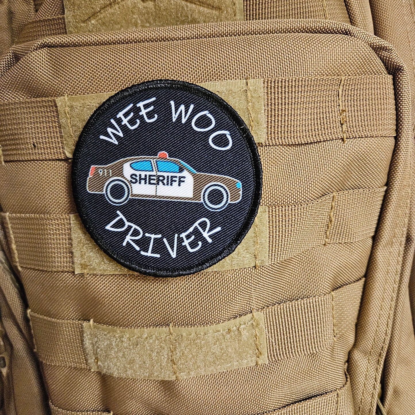 Wee woo driver sheriff car driver funny 3" circle removable morale patch with hook and loop backing