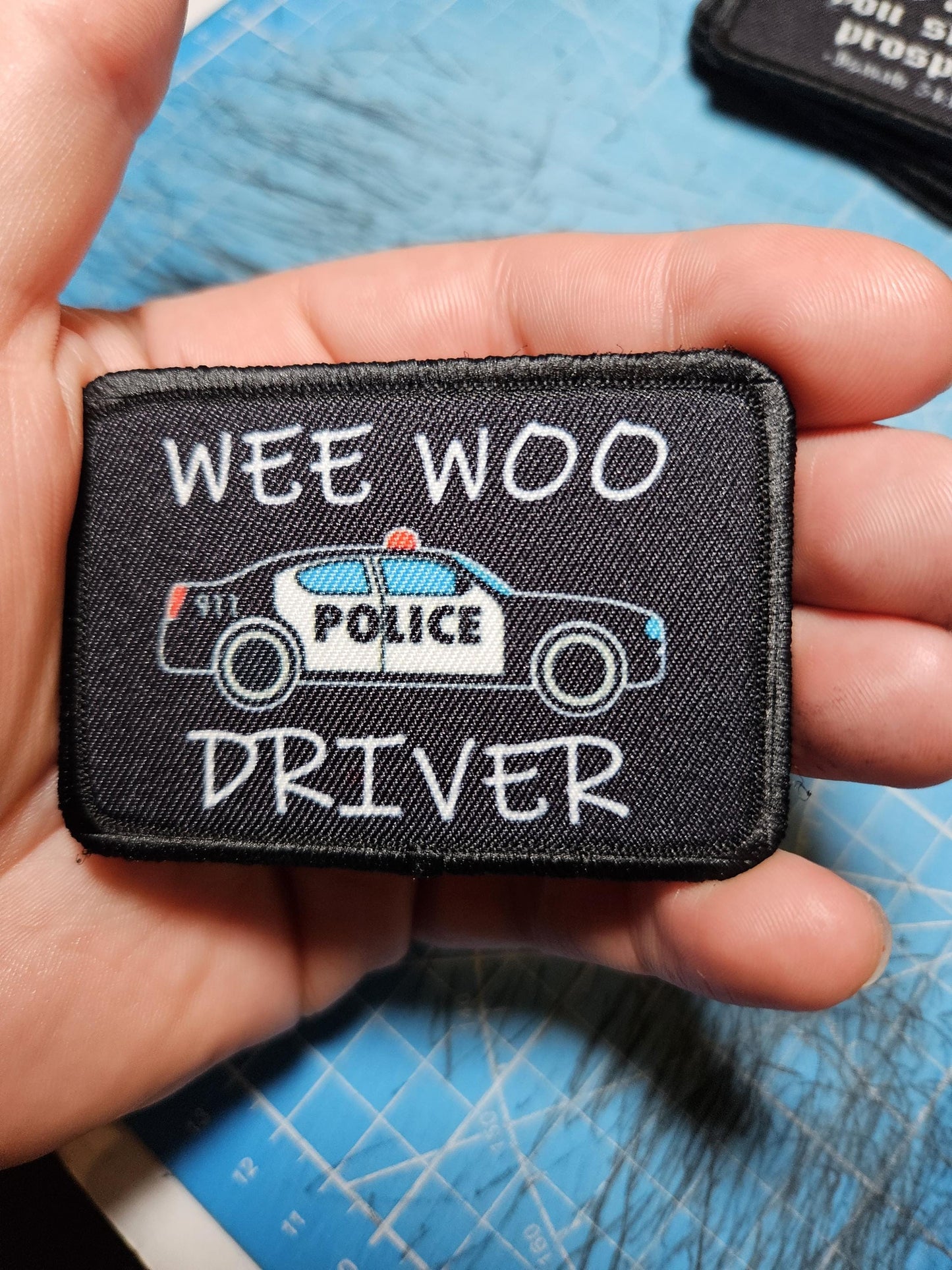 Wee woo driver police car driver funny 2"x3" removable morale patch with hook and loop backing