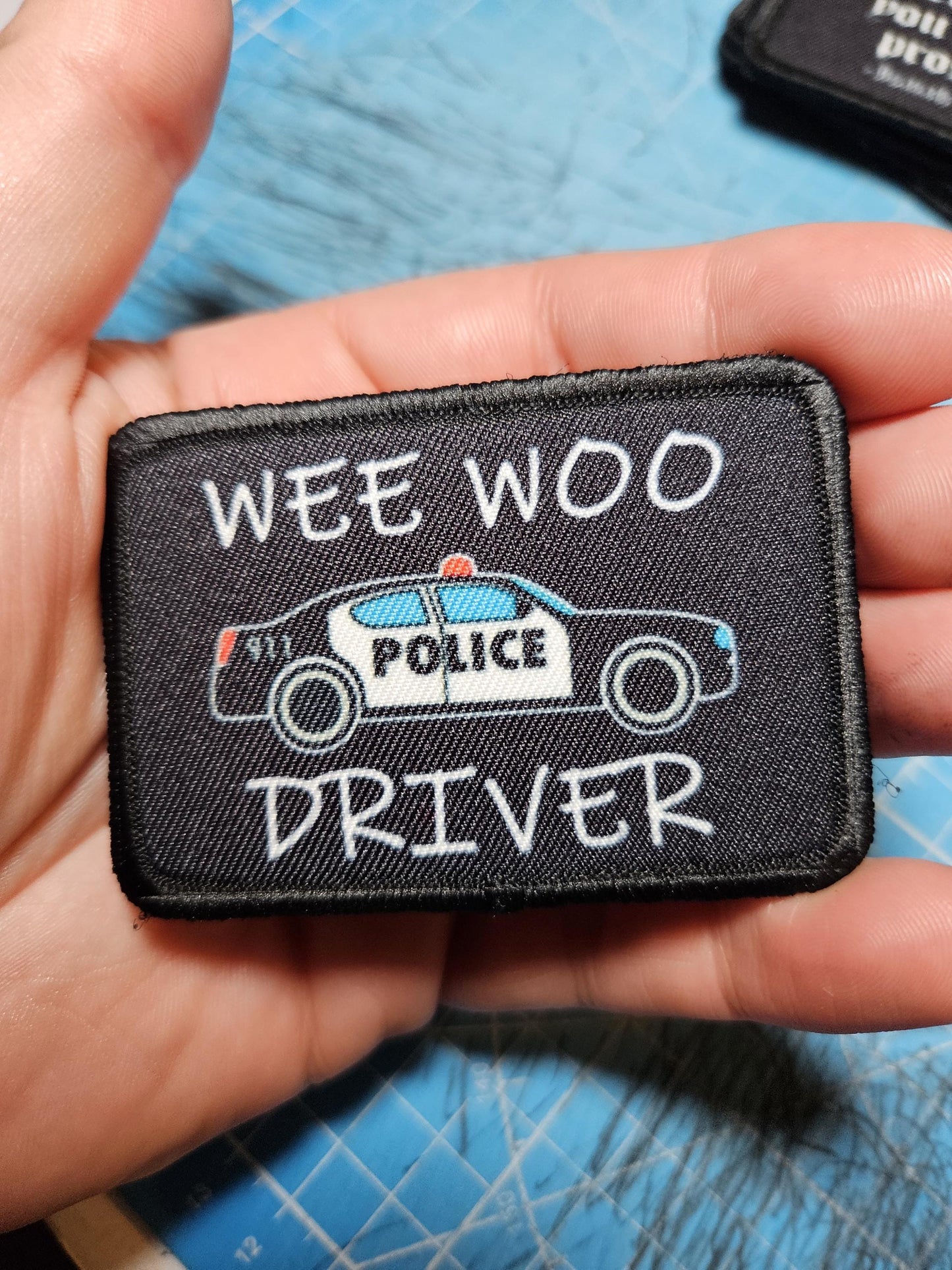 Wee woo driver police car driver funny 2"x3" removable morale patch with hook and loop backing