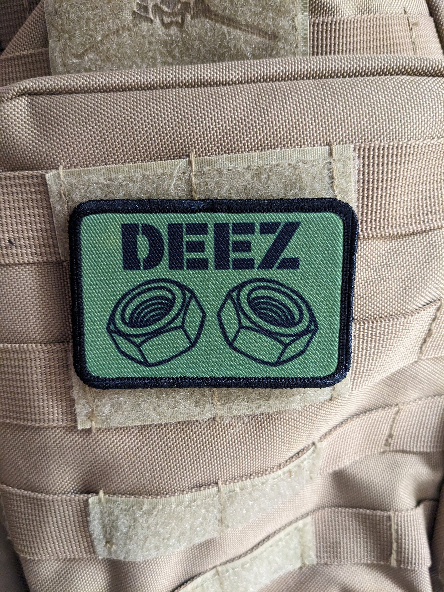Deez nuts and bolts funny removable patch olive green 2"x3" morale patch with hook and loop backing