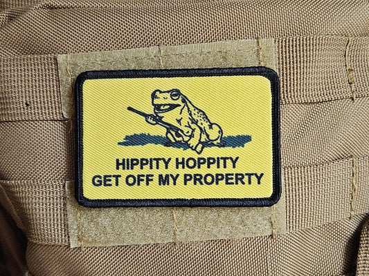 Hippity hoppity get off my property Gadsden flag meme 2"x3" removable morale patch with hook and loop backing