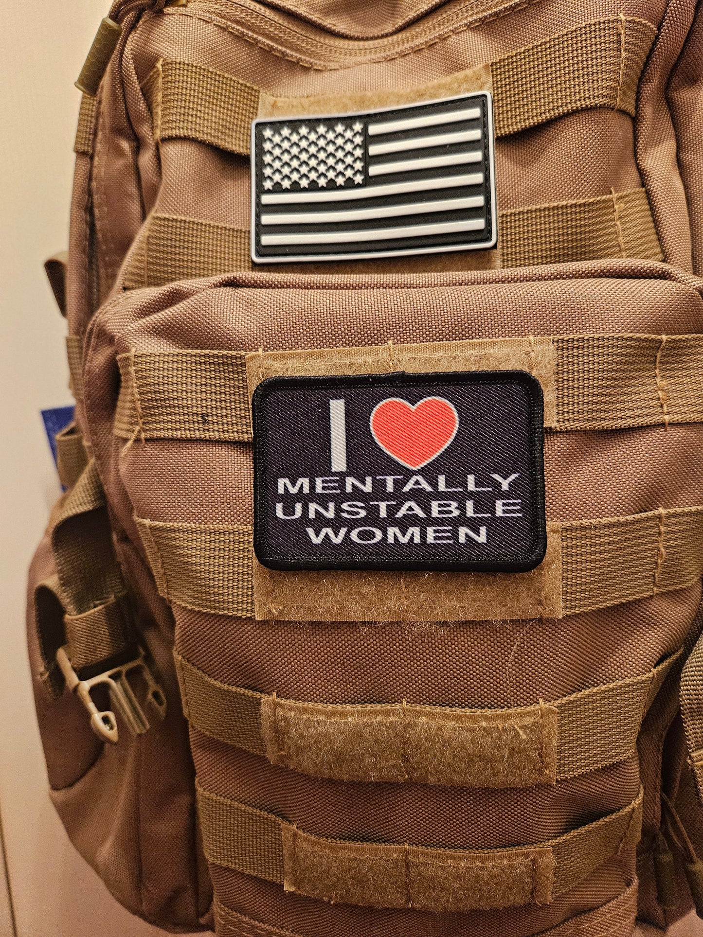 I love mentally unstable women 2"x3" morale patch with hook and loop backing military joke meme