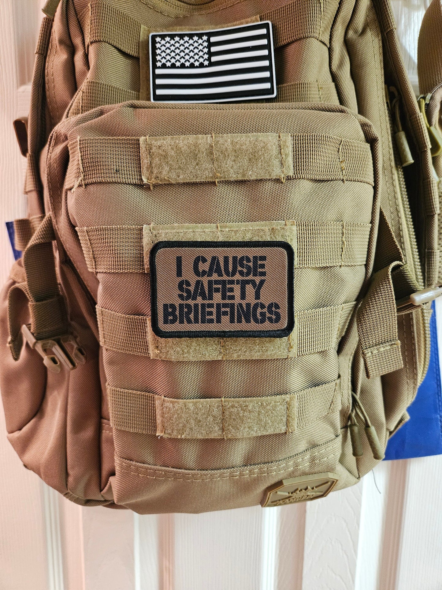 I cause safety briefings funny meme edc coyote brown  2"x3" morale patch with hook and loop backing military joke meme