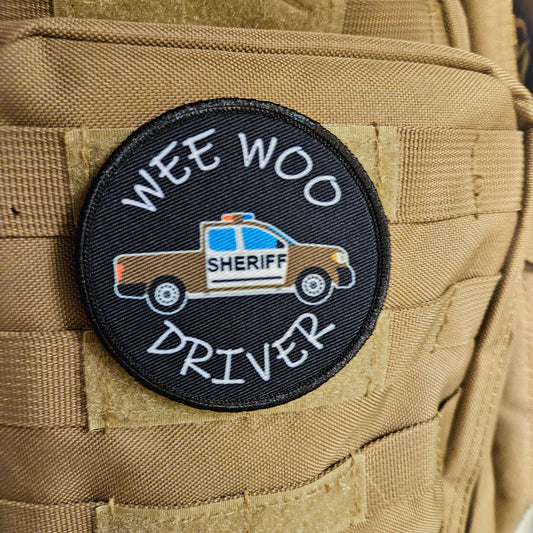 Wee woo driver sheriff pickup driver funny 3" circle removable morale patch with hook and loop backing