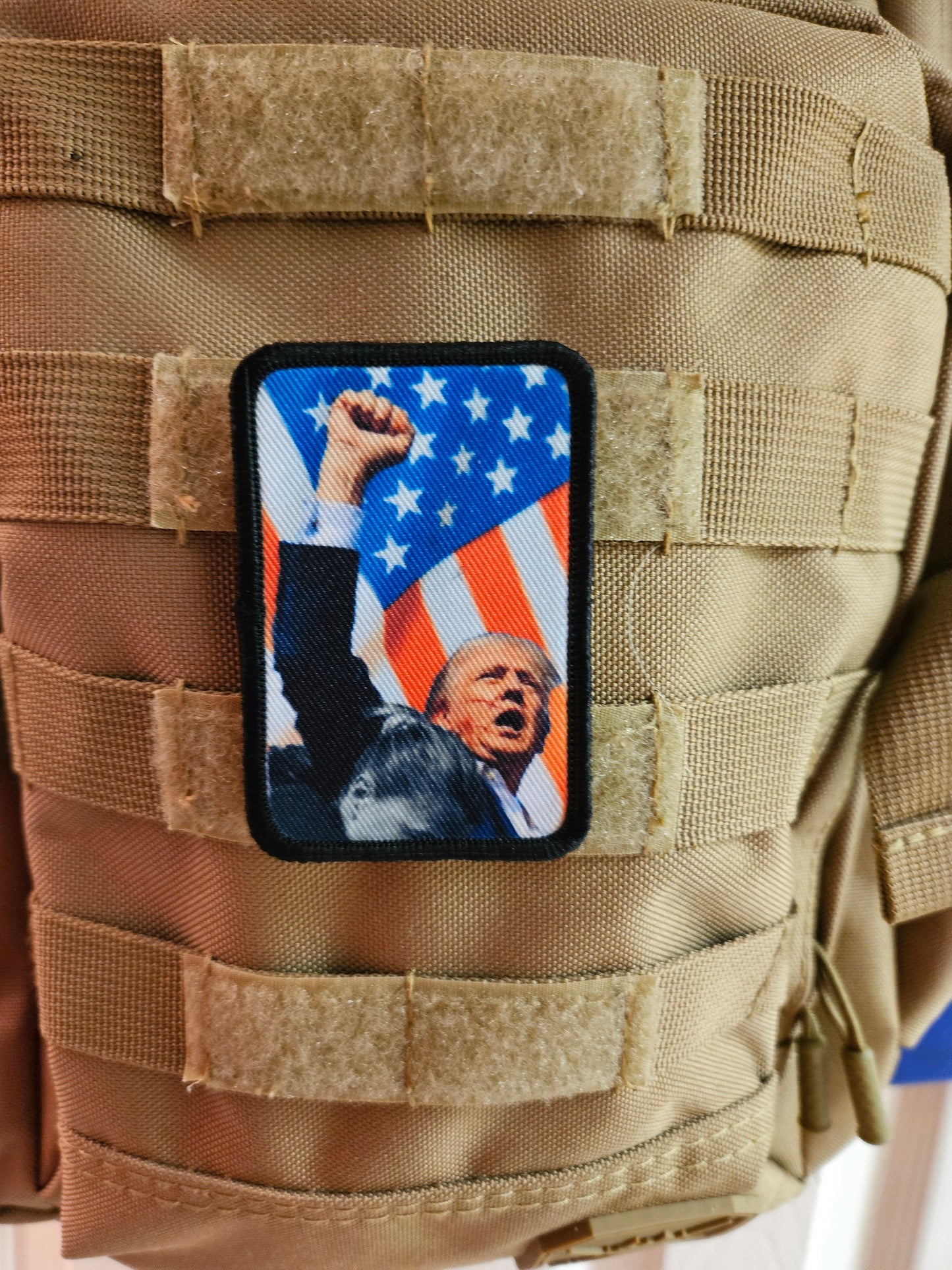 Flag background donald fist in the air  2"x3" morale patch with hook and loop backing military joke meme