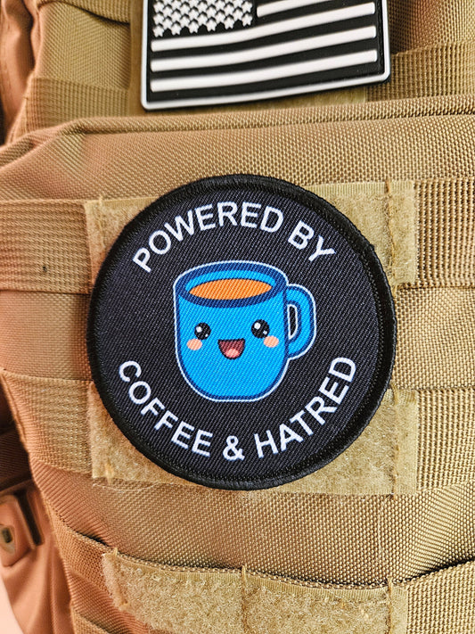 Powered by coffee and hatred meme 3" circle removable morale patch with hook and loop backing
